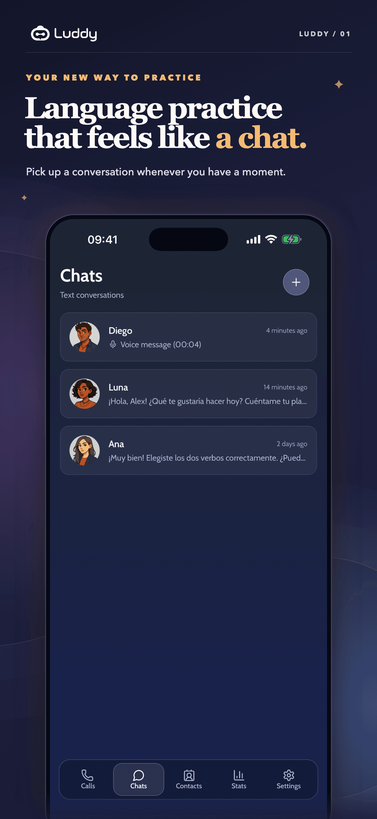 Luddy chat list with recent Spanish conversations